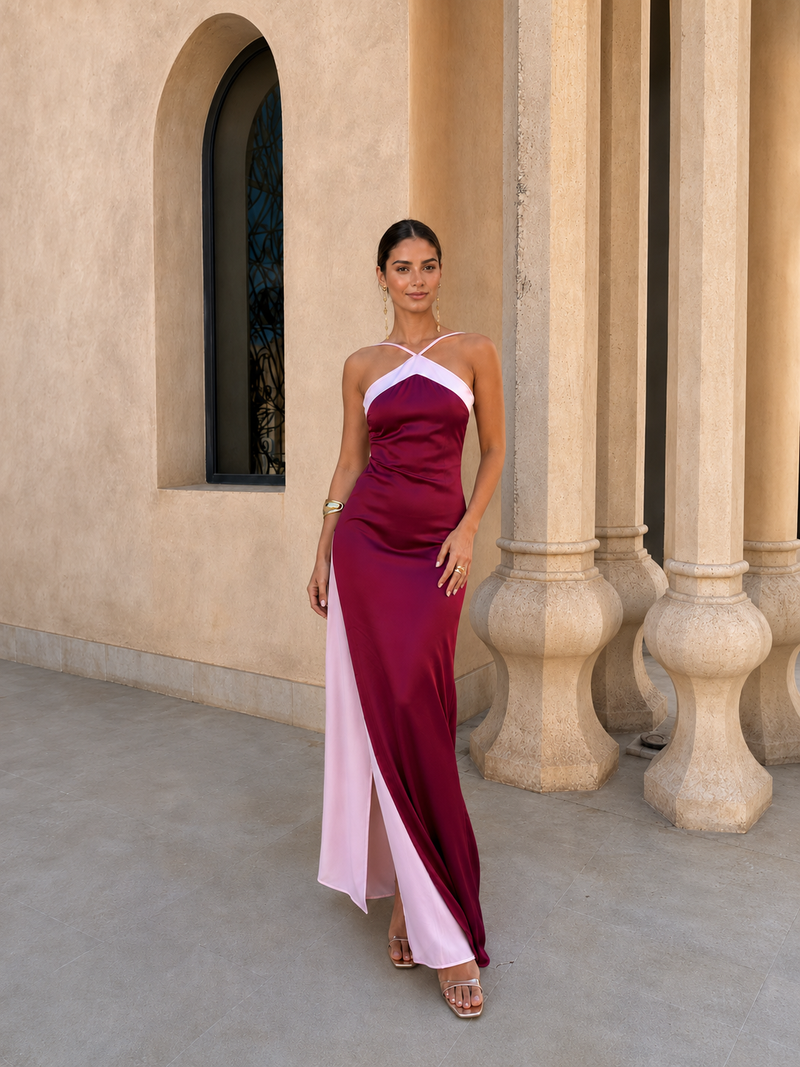 Satin Long Dress with Cross Neckline