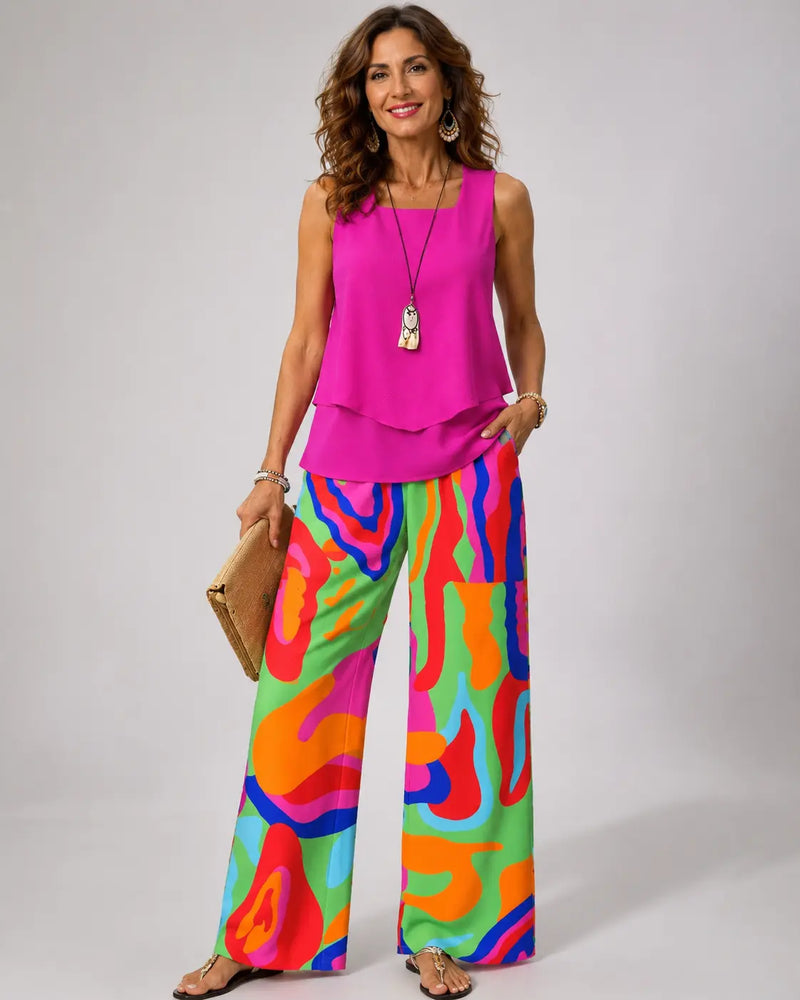 Clotilde™ | Pink Top and Abstract Pants Set