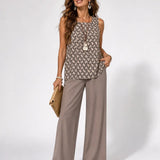 Facunda™ | Taupe Set with Geometric Blouse and Wide Leg Pants