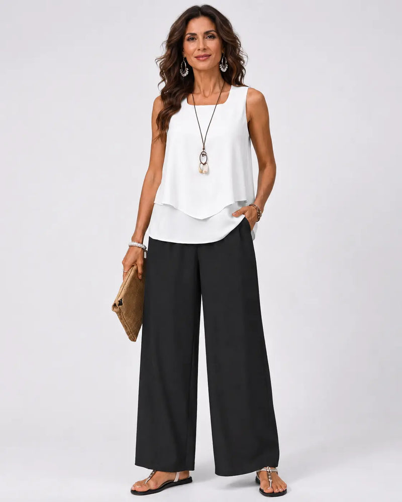 Gregoria™ | Two-Tone Set White Blouse and Black Pants