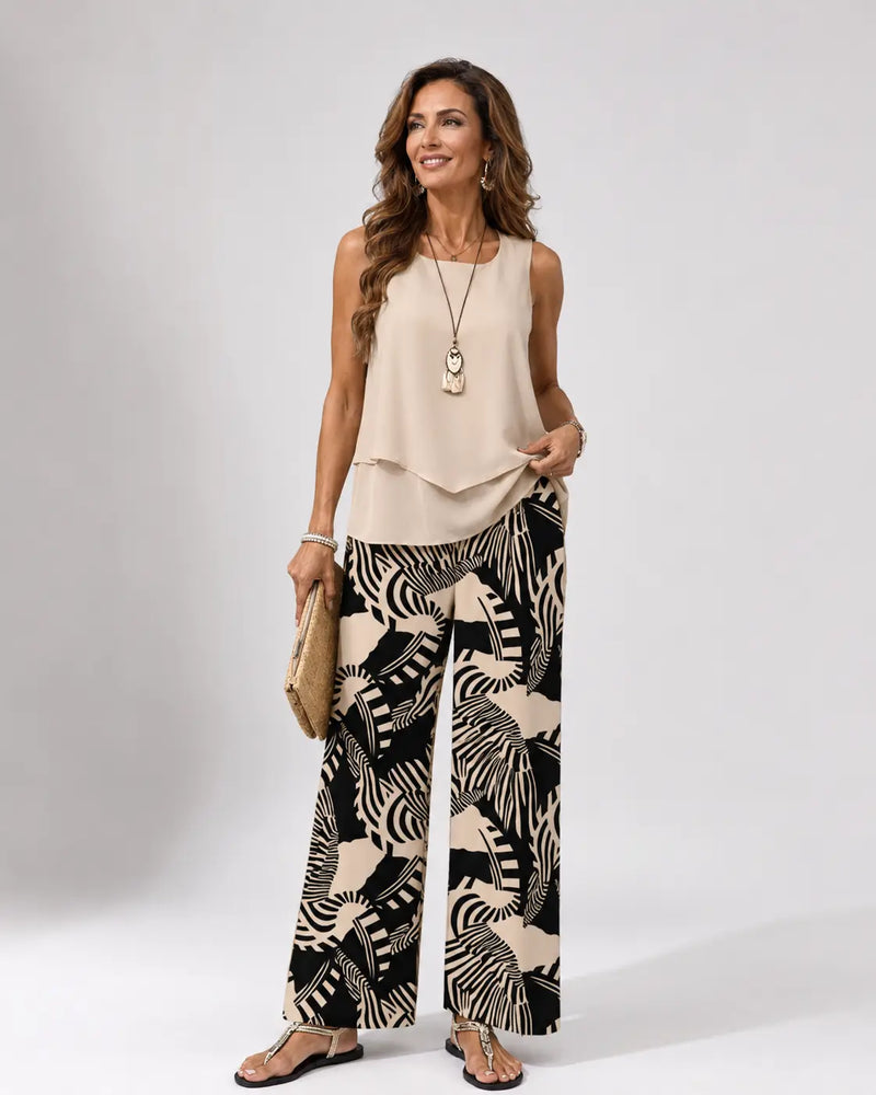 Ignacia™ | Beige Blouse and Botanical Pant Set
