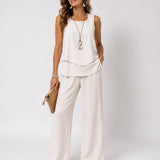 Leandra™ | Cream Satin Finish Layered Top and Pants Set