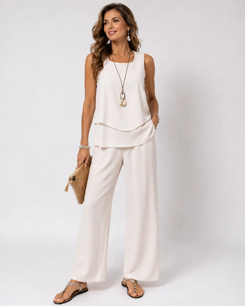Leandra™ | Cream Satin Finish Layered Top and Pants Set