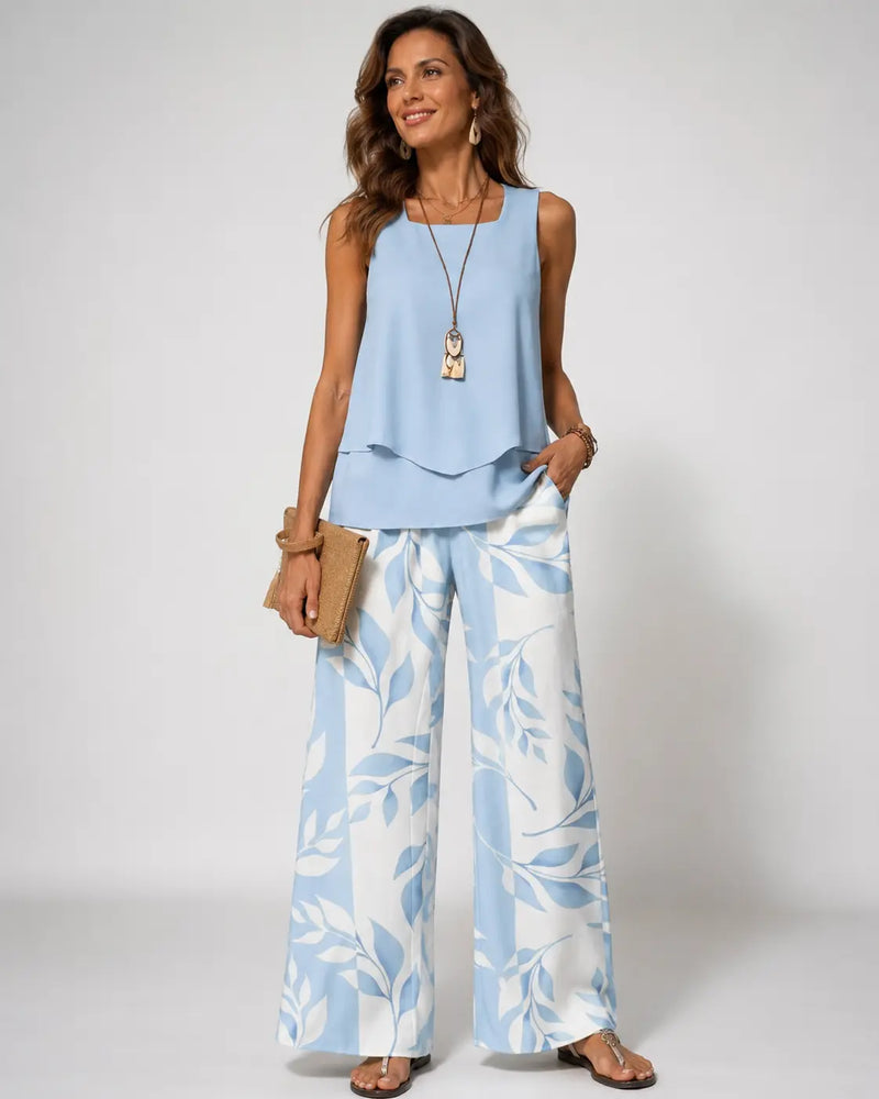 Olalla™ | Sky Blue Two-Piece Set Blouse and Botanical Pants