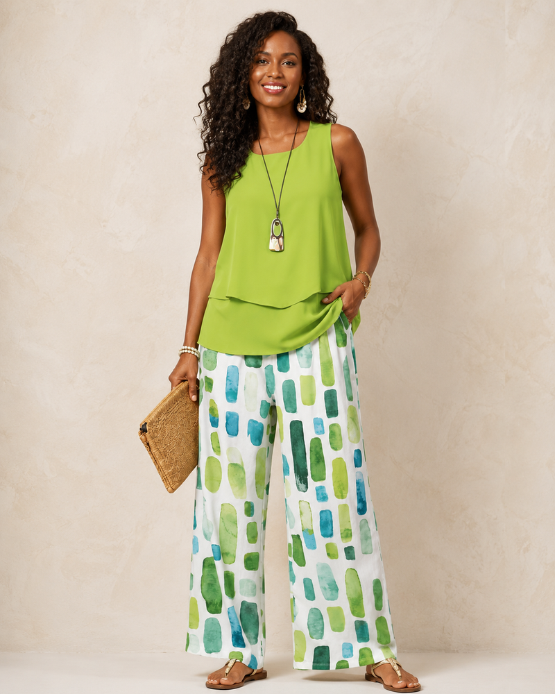Sabina | Green Top and Geometric Pants Set