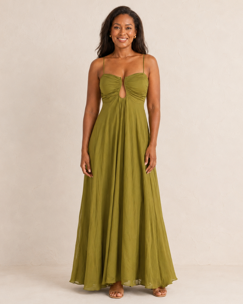 Chloe | Olive Green Maxi Dress with Keyhole Cut and Spaghetti Straps