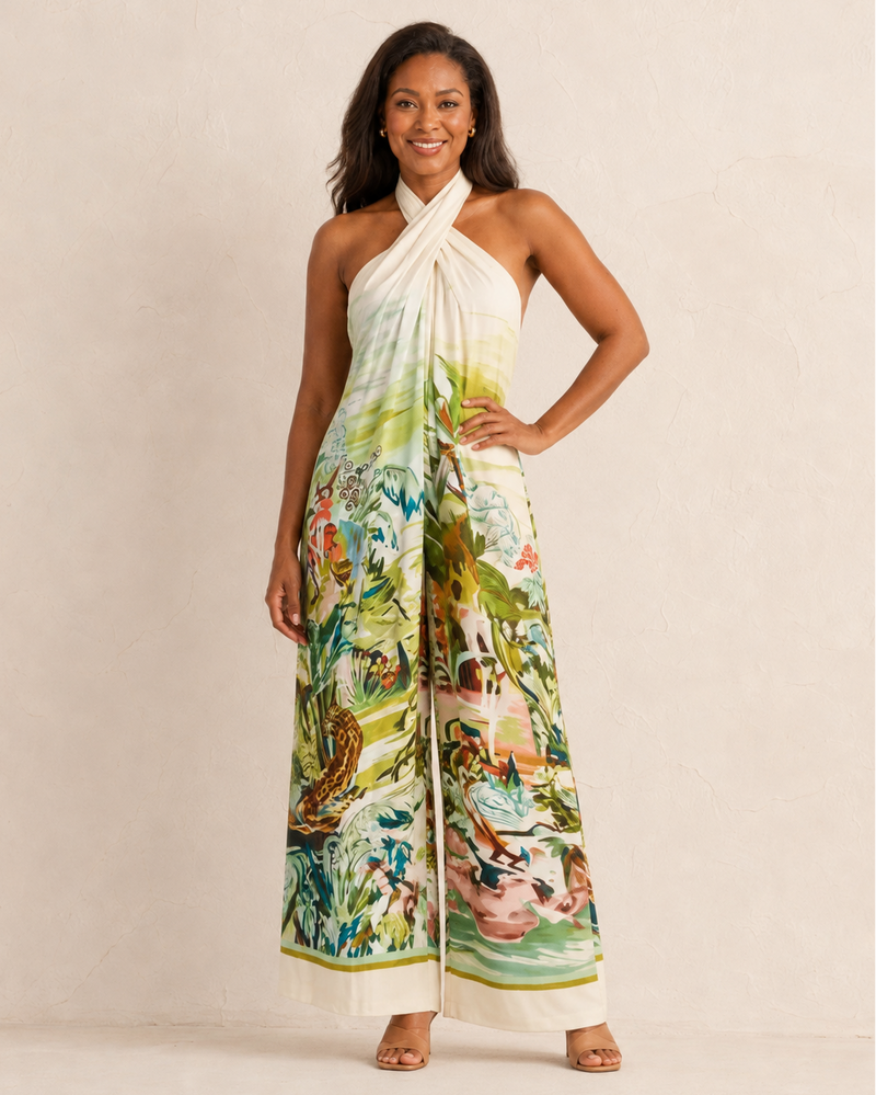 Kayla | White Tropical Print Halter Neck Maxi Dress