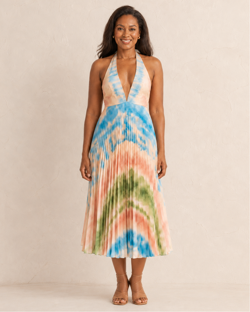 Nadia | Halter Neck Midi Dress with Tie-Dye Print