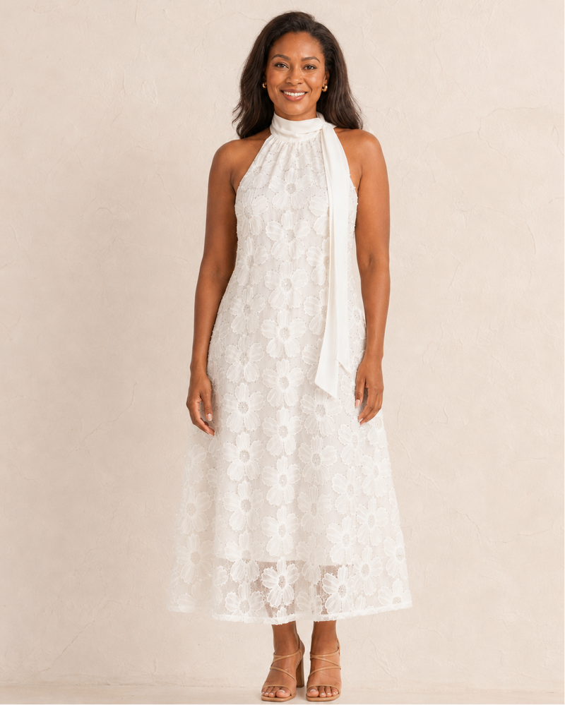 Nicolene | Maxi Dress with 3D Floral Applique and Halter Neck