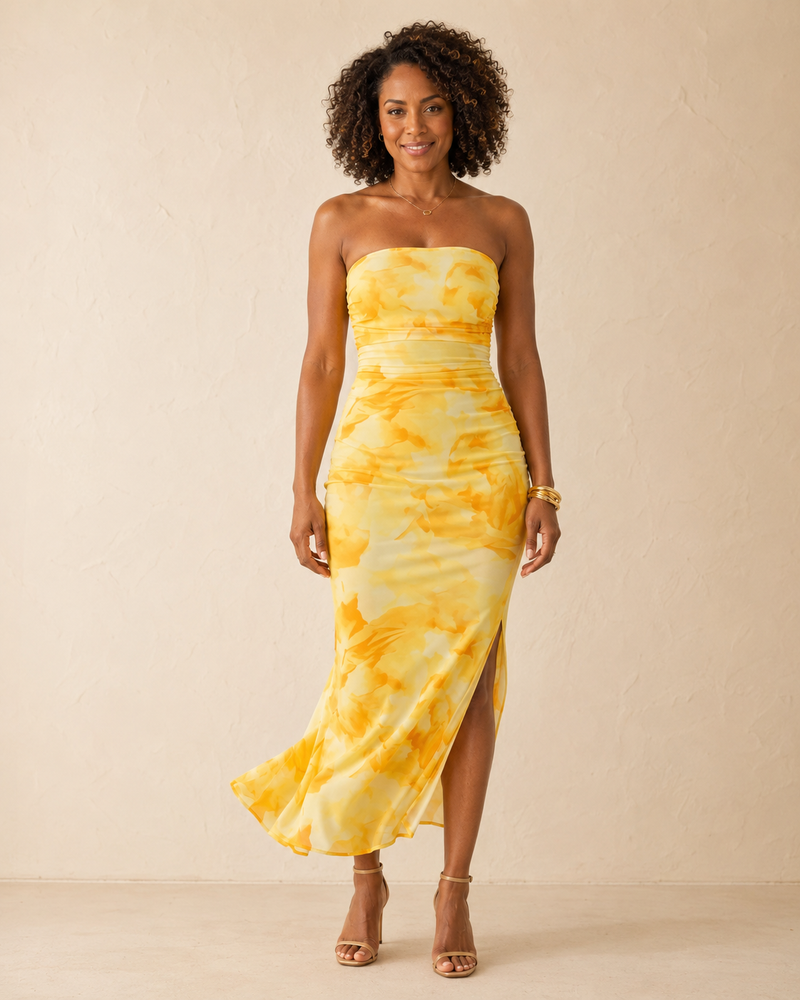 Bontle | Yellow Floral Print Sleeveless Fitted Maxi Dress
