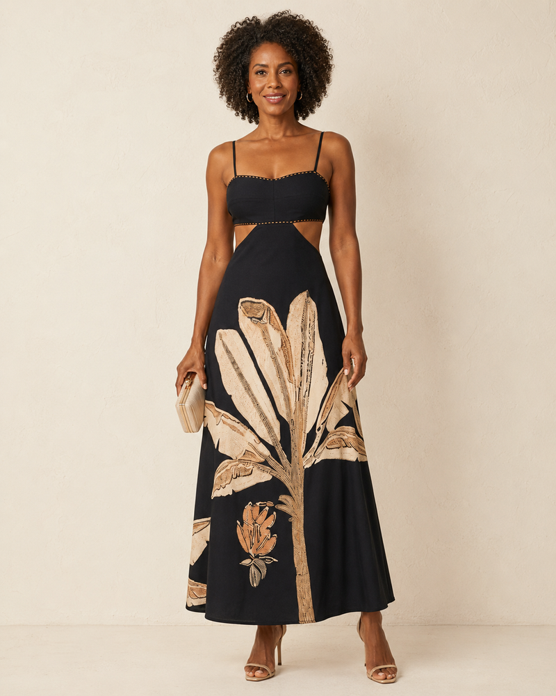 Refilwe | Maxi Spaghetti Strap Dress with Waist Cut and Plant Print