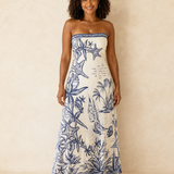 Ayanda | White Backless Midi Dress with Spaghetti Straps and Nautical Print