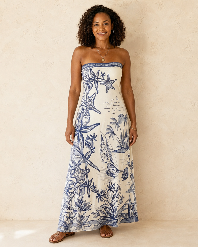 Ayanda | White Backless Midi Dress with Spaghetti Straps and Nautical Print