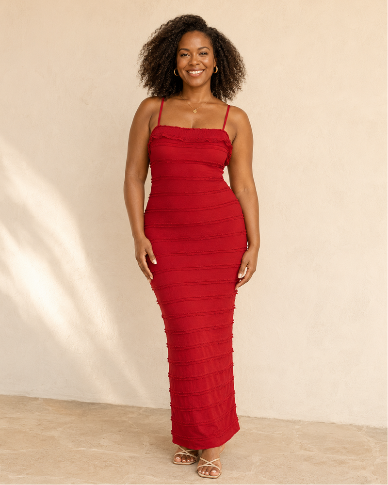 Tammy | Red Fitted Maxi Dress with Spaghetti Straps