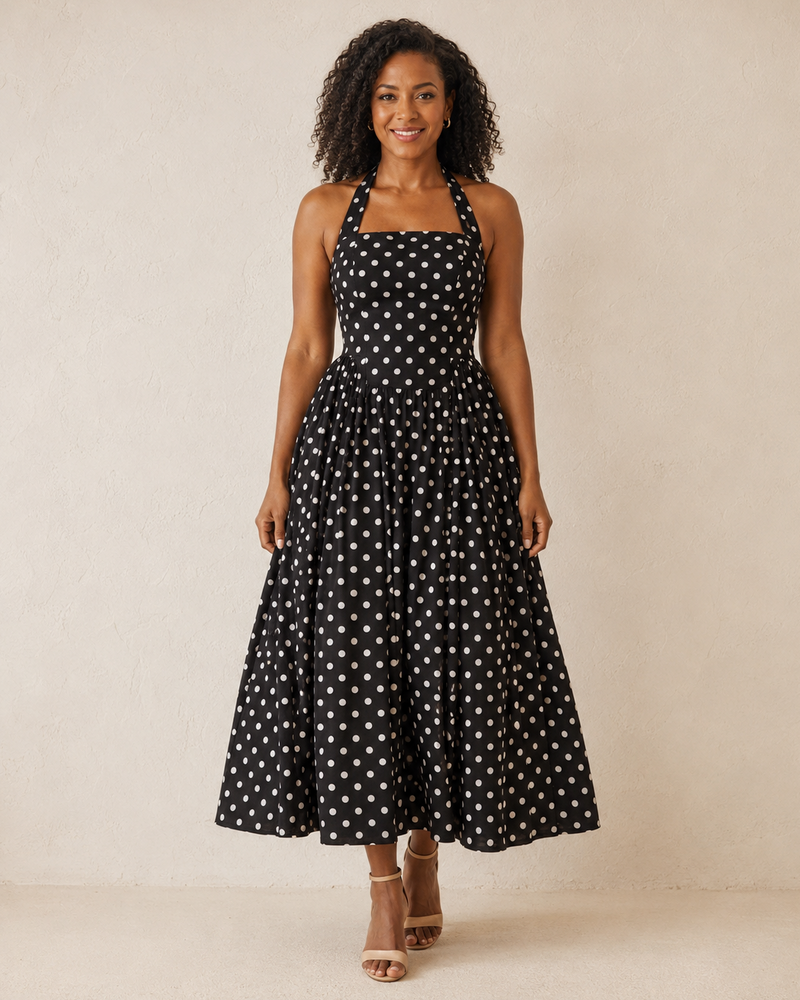 Kagiso | Black Polka Dot Backless Midi A-Line Dress with Halter Neck