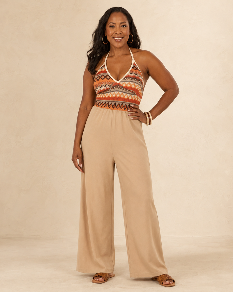 Chanté | Wide-leg jumpsuit with beige Aztec print halter neck