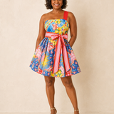Shanice | Mini A-Line Lemon Print Linen Blend Dress with Bow Tie Back