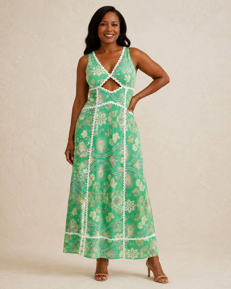 Robyn | Mint Green Floral Print V-Neck Spaghetti Strap Midi Dress