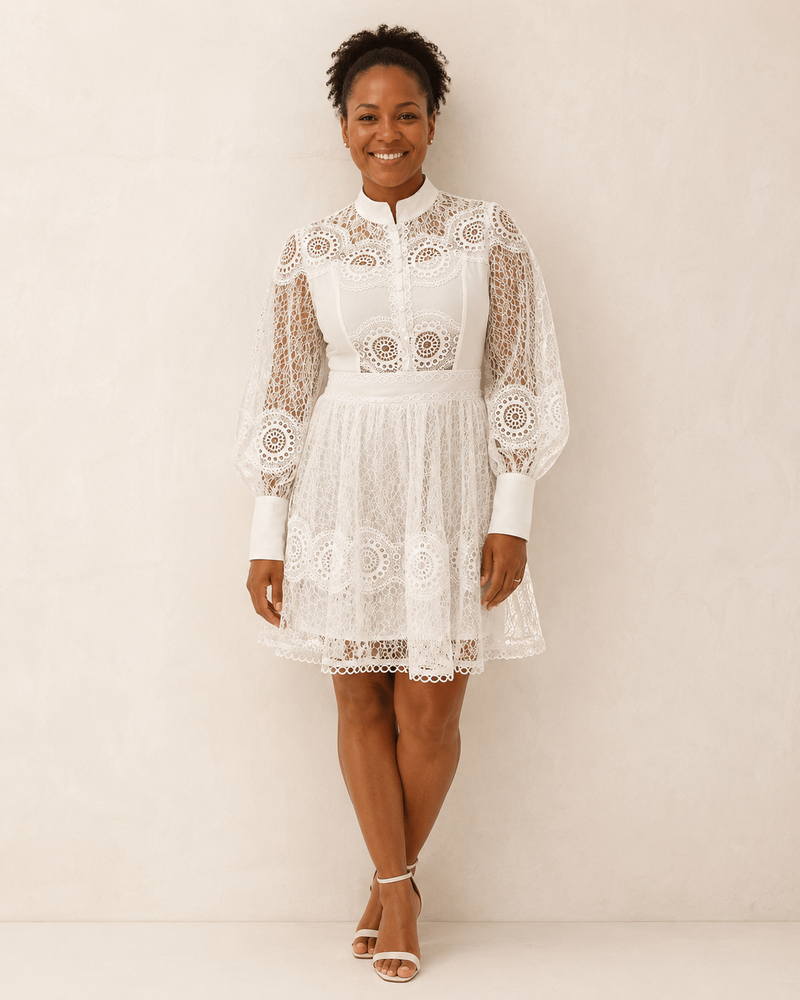 Tarryn | White Lace Mini A-Line Dress with Long Sleeves and High Neck