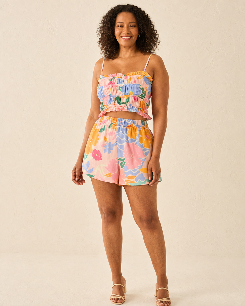Charné | Two-Piece Linen Set with Spaghetti Straps and Ruffles in Floral Print