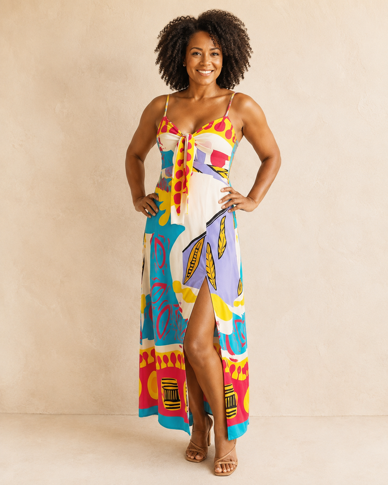 Kelsey | Midi Spaghetti Strap Dress with Abstract Print and Knot Detail