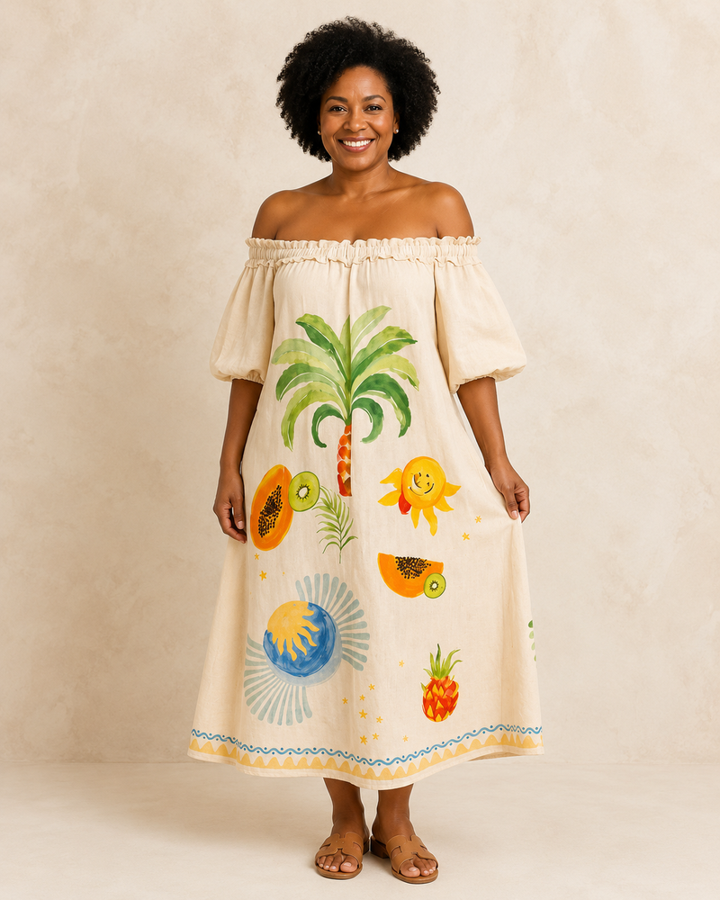 Megan | Beige Tropical Maxi Dress with Off-the-Shoulder Design