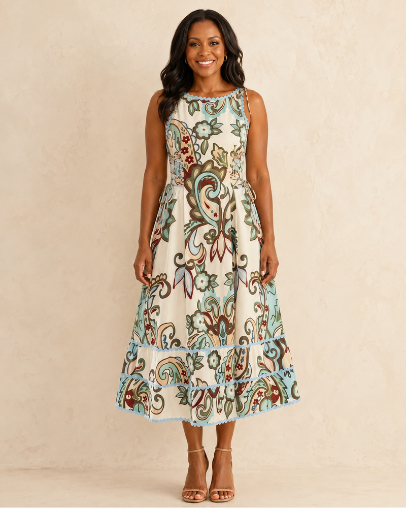 Palesa | Midi A-Line Dress with Paisley Floral Print and Lace