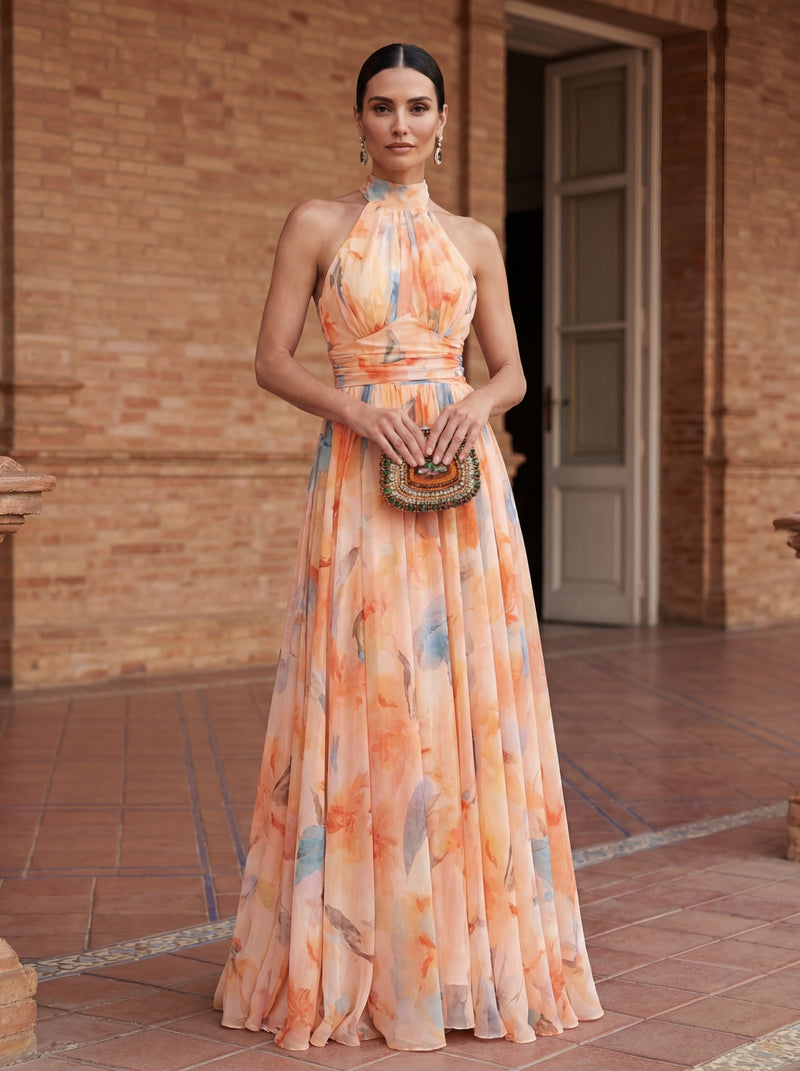 Esther™ | Halter Neck Dress with Watercolor Print