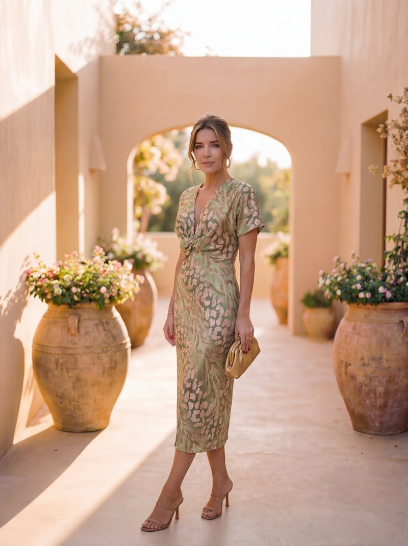 Mid-length dress with a slimming effect, central knot, and fluid drape