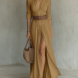 OLIVIA | Long Maxi Dress for Women with Notch Lapel and Long Sleeves in Linen