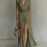 OLIVIA | Long Maxi Dress for Women with Notch Lapel and Long Sleeves in Linen