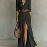 OLIVIA | Long Maxi Dress for Women with Notch Lapel and Long Sleeves in Linen