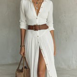 OLIVIA | Long Maxi Dress for Women with Notch Lapel and Long Sleeves in Linen