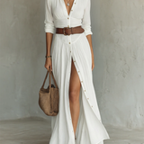 OLIVIA | Long Maxi Dress for Women with Notch Lapel and Long Sleeves in Linen