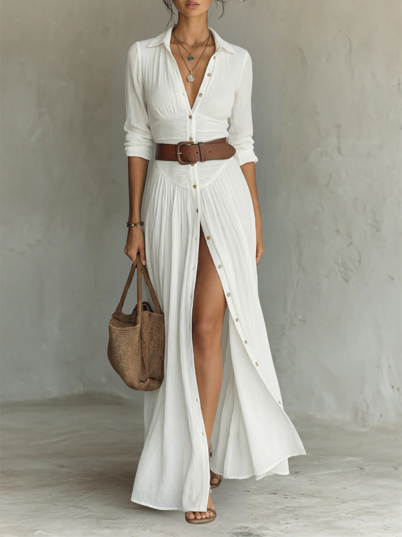 OLIVIA | Long Maxi Dress for Women with Notch Lapel and Long Sleeves in Linen