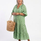 Apolline™ | Midi dress with three-quarter sleeves and V-neck print