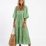 Apolline™ | Midi dress with three-quarter sleeves and V-neck print