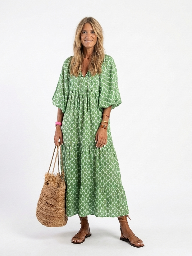 Apolline™ | Midi dress with three-quarter sleeves and V-neck print