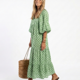 Apolline™ | Midi dress with three-quarter sleeves and V-neck print