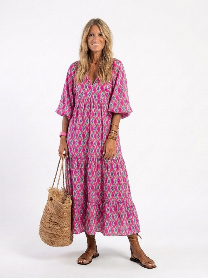 Apolline™ | Midi dress with three-quarter sleeves and V-neck print