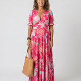 Ione™ | Short Sleeve Midi Dress with V-Neck and Floral Print