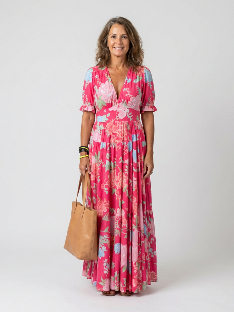 Ione™ | Short Sleeve Midi Dress with V-Neck and Floral Print