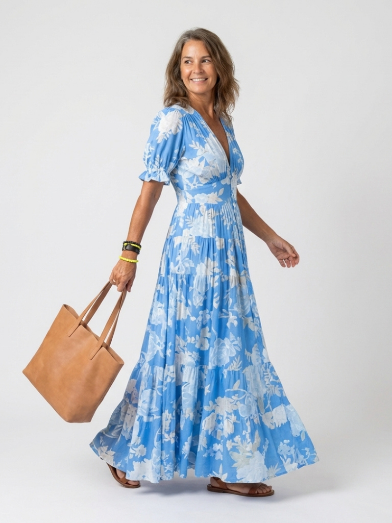 Ione™ | Short Sleeve Midi Dress with V-Neck and Floral Print