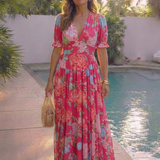 Ione™ | Short Sleeve Midi Dress with V-Neck and Floral Print