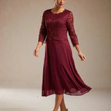 Midi dress with lace and three-quarter sleeves