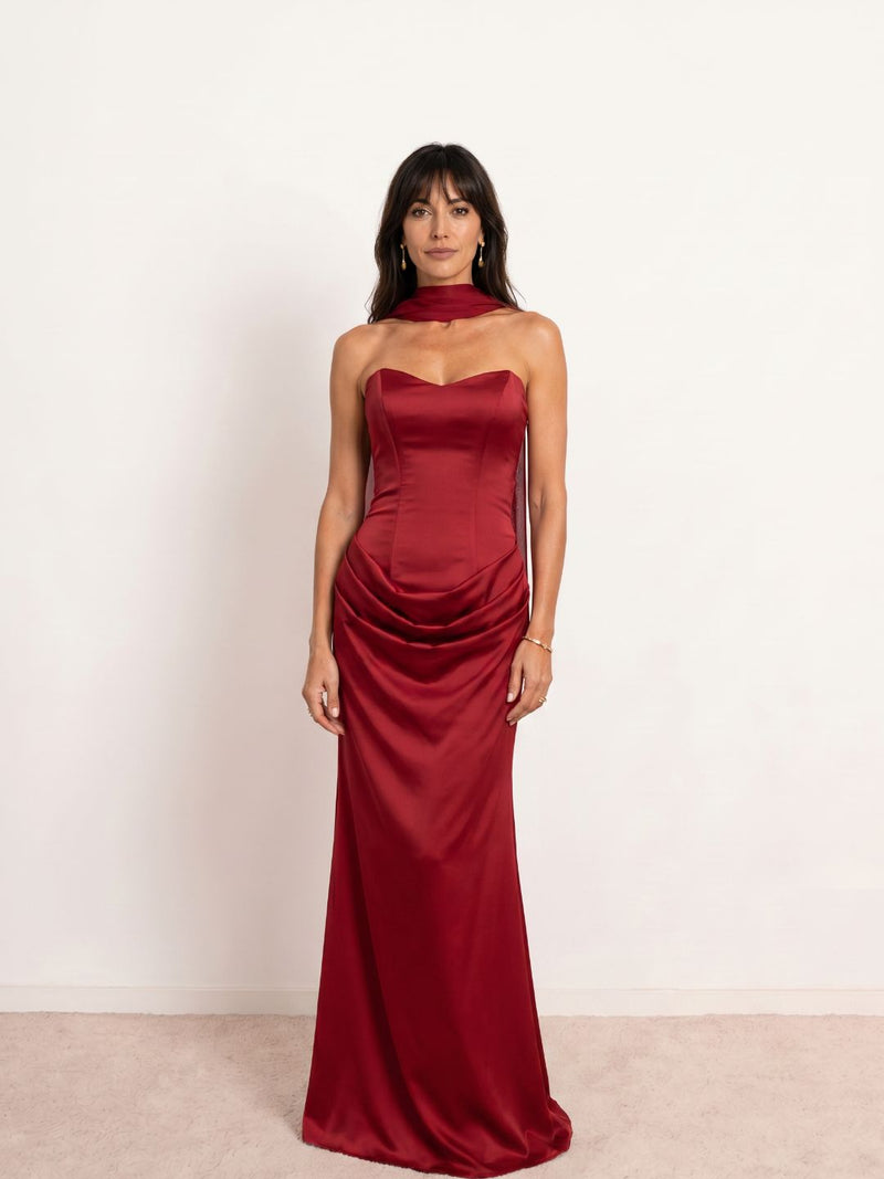 Satin Draped Dress with Heart Neckline
