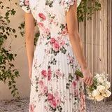 Pleated Floral Midi Dress with Ruffles