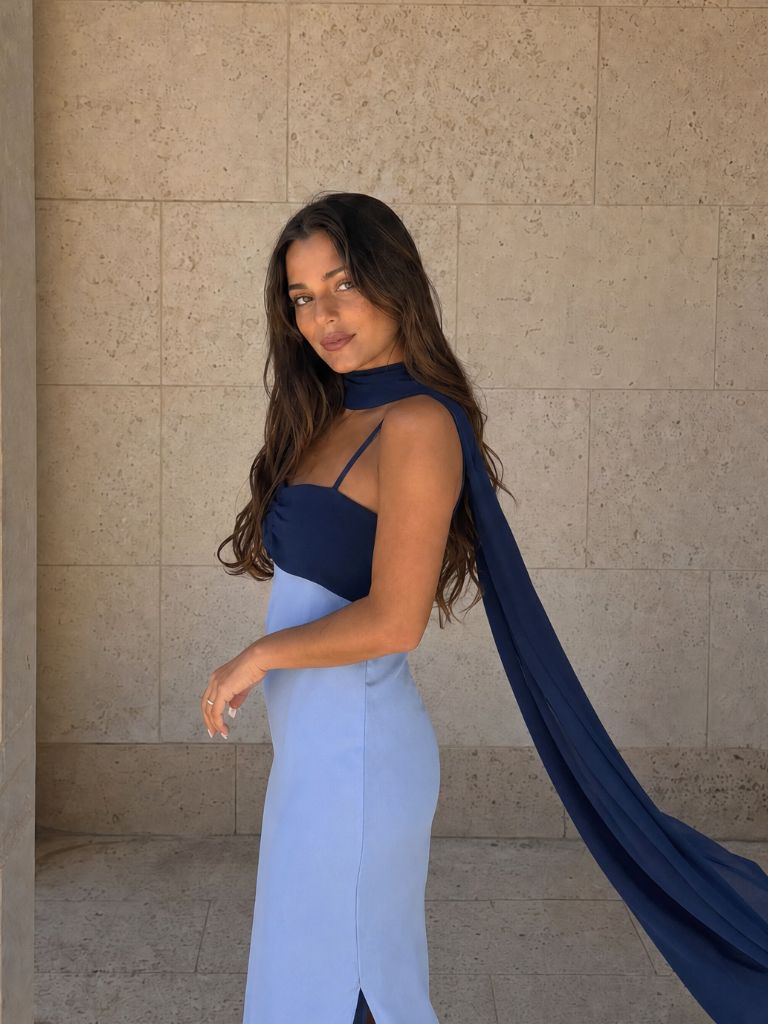Bicolor Draped Long Dress