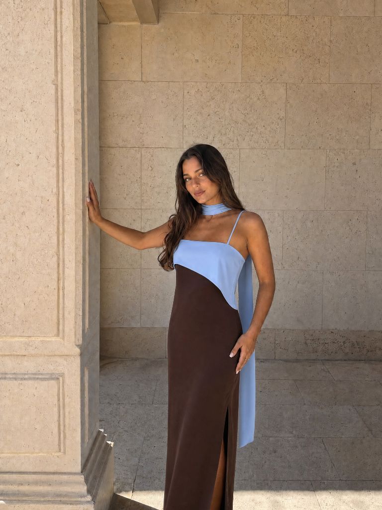 Bicolor Draped Long Dress