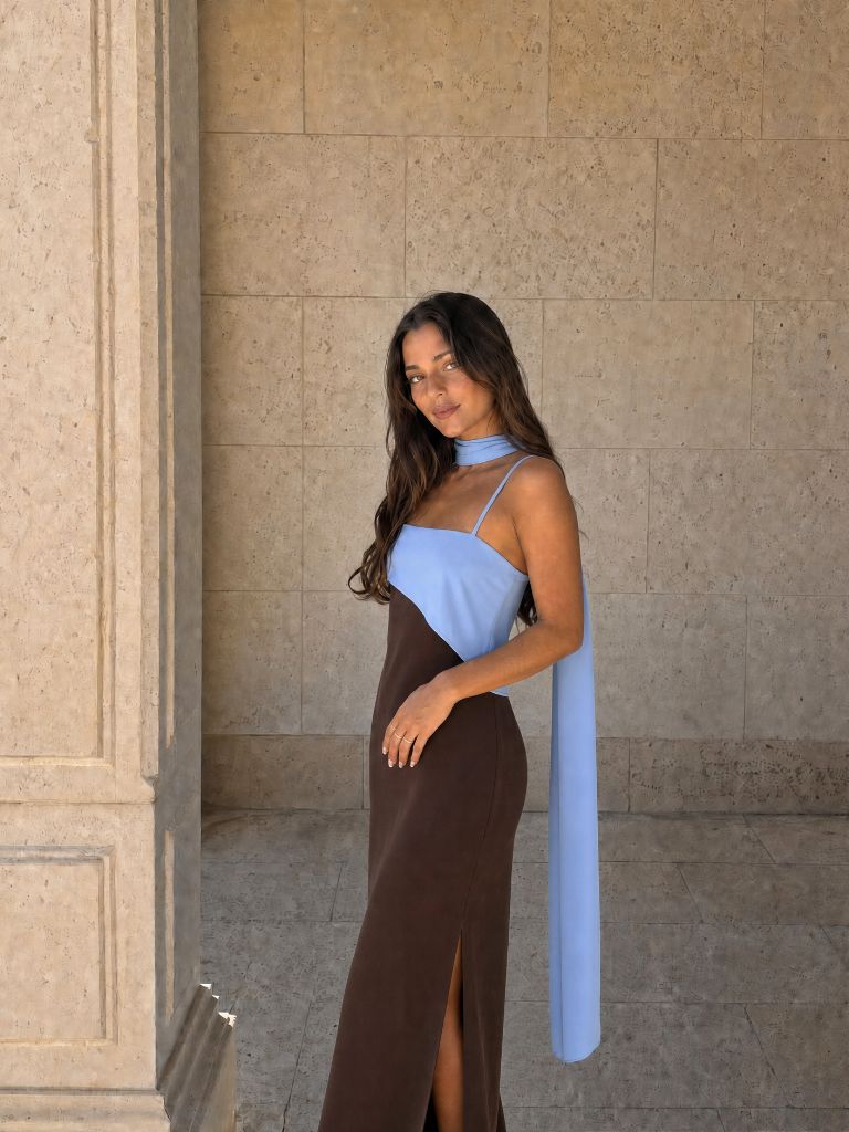 Bicolor Draped Long Dress